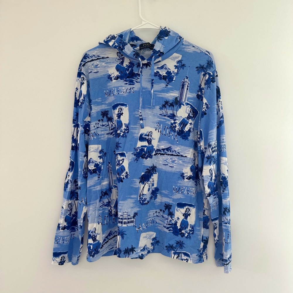 Polo Ralph Lauren Blue Hawaiian Hoodie Mens Large Shirt Aloha Tropical Print